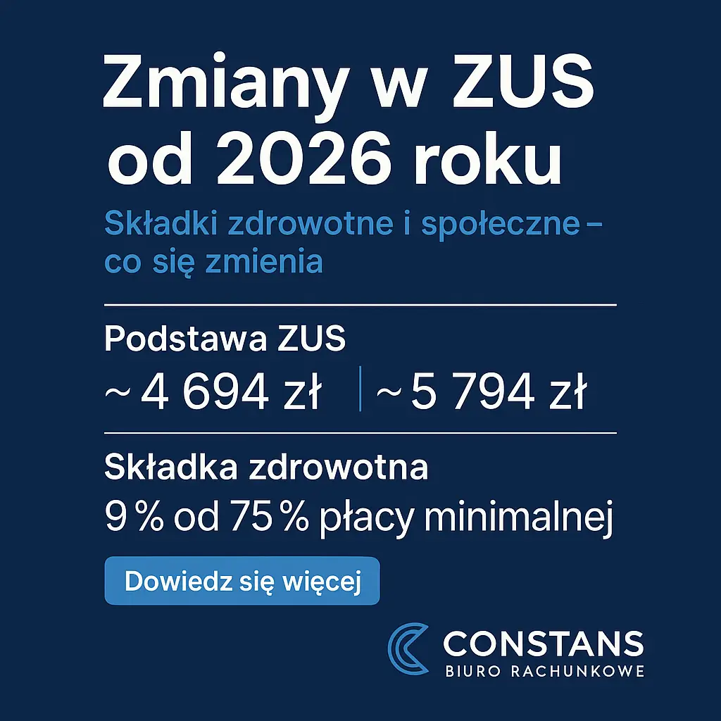 Infografika przedstawiająca zmiany w ZUS od 2026 roku – porównanie podstawy składek i nowa składka zdrowotna.